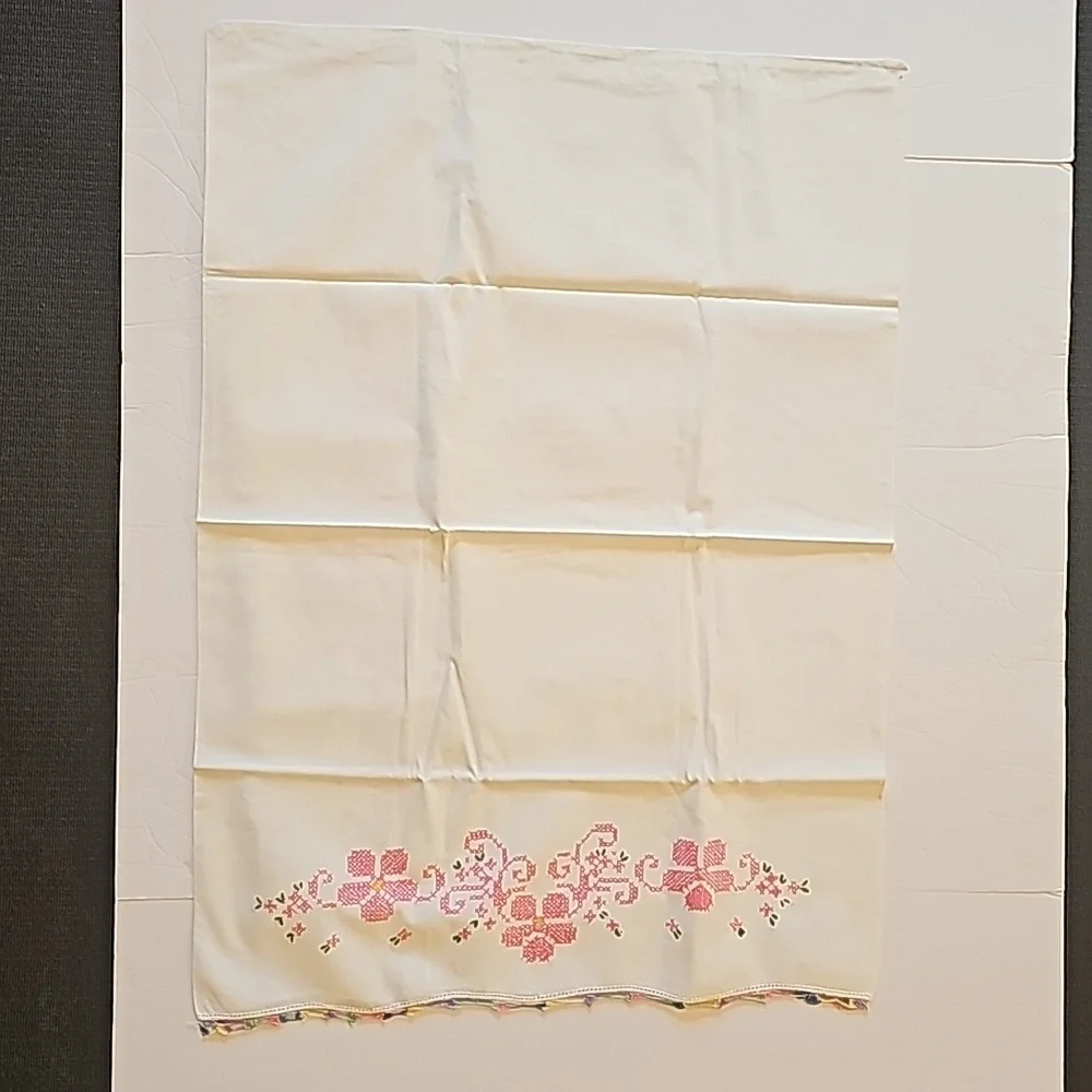 Vintage TWO Crocheted & Embroidered Standard White Pillowcases Granny Made NWOT